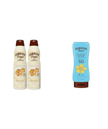 Hawaiian Tropic Weightless Hydration Clear Spray Sunscreen SPF 30 Twin Pack 6oz each & Everyday Active Lotion Sunscreen SPF 50 8oz