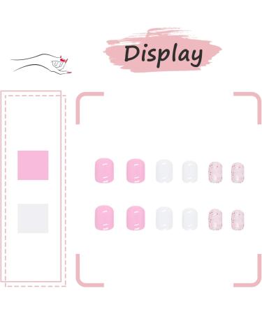 24Pcs French False Nails Short Square Pink White Glitter Designs - Acrylic Full Cover Fake Nails for Women - Nail Art Accessories - Buy Online on GoSupps.com