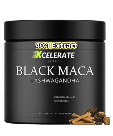 40:1 Black Maca Root Extract + Ashwagandha Capsules (40 000MG) Natural Energy Focus Mood & Vitality Support for Men & Women Herbal Adaptogen Blend 60 Vegan Capsules