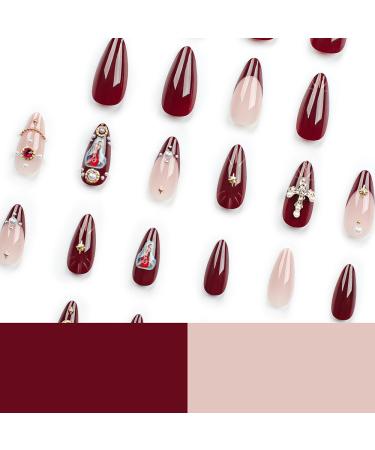 Buy 24 Pcs Claret Press-On Nails - Short Almond SHANRUN 5D Rhinestone Charms Glossy Gel Full Cover Acrylic Nail Tips Kit with File & Glue - Design A13 - Buy Online on GoSupps.com