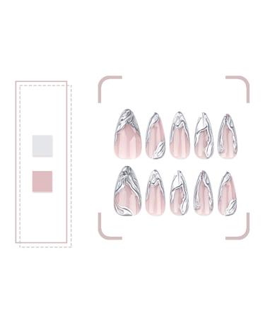 3D Silver French Press on Nails | Medium Almond Fake Nails | Reusable Full Cover Stick on Nails for Women | Irregular Pattern Design | DIY Charm Manicure - Buy Online on GoSupps.com