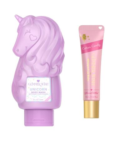 Glimmer Wish Unicorn Kids Bath & Lip Care Bundle Gentle Sulfate-Free Body Wash (12 fl oz) + Glimmer Whip Hydrating Vegan Lip Balm Cotton Candy Scent
