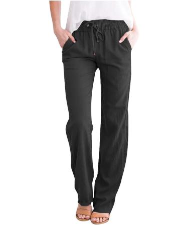 Womens Black Cotton Linen Drawstring Pants with Elastic Waist and Side Pockets - Large - Buy Online on GoSupps.com