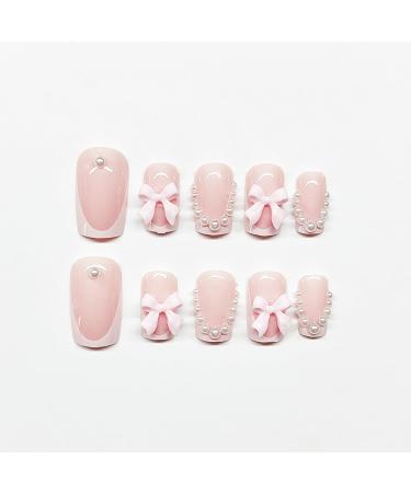Shop Pink French Tip Press on Nails - Short Medium Square Full Cover with Pearl Bow Designs - 24 Pcs for Women & Girls - Buy Online on GoSupps.com