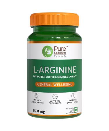 L-Arginine 1500mg Supplement with Green Coffee Seaweed & Extract for Men & Women | Supports Muscle Growth Stamina Heart Health & Blood Flow - 60 Veg Capsules(Pack Of 1)