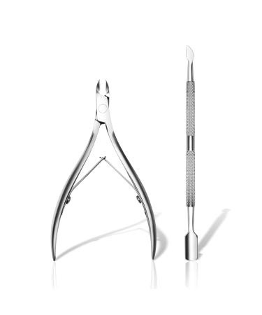 CGBE Cuticle Trimmer with Cuticle Pusher  Cuticle Remover Professional Stainless Steel Cuticle Nipper Tool Set for Fingernails and Toenails Pedicure Manicure Tools Silver Cuticle Pusher-2 Sets
