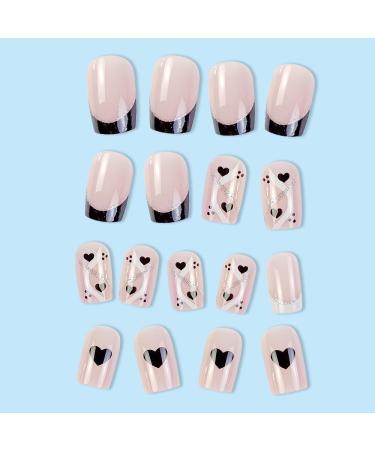 French Short Square Press On Nails with Nail Tips Silver glitter powder Black Love heart False Nails press on nails Acrylic False Nails Cute Artificial Nails for Women and Girls - Buy Online on GoSupps.com