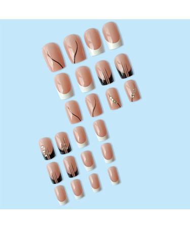 Foccna Square Rhinestone Black Press on False Nails - 24pcs Medium Glossy French Nails for Nail Art Decoration - Buy Online on GoSupps.com