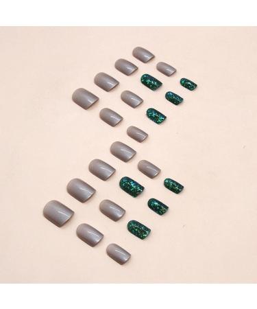 Shop Mouyouglow Press On Nails - Short Square Silver Gray & Dark Green Glitter - Bling Artificial Nails with Glue - Buy Online on GoSupps.com