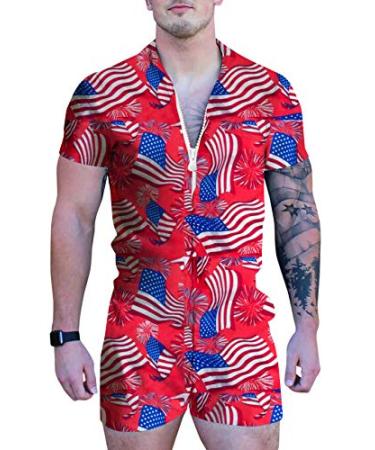 UNIFACO Mens Printed One Piece Short Sleeve Zipper Rompers Summer Overall Pocket S-XXL Flag X-Large