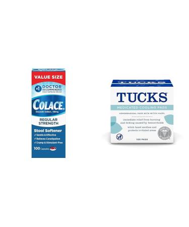 Colace Regular Strength 100mg Stool Softener Capsules 100 Count & Tucks Medicated Cooling Pads Hemorrhoid Treatment 100 Count