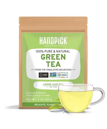 HANDPICK Green Tea Loose Leaf (255g/9oz) +100 Cups | Non-GMO 100% Pure Green Tea Leaves Sourced from Himalayas India | Resealable Ziplock Pouch Green Tea 1 Count (Pack of 1)