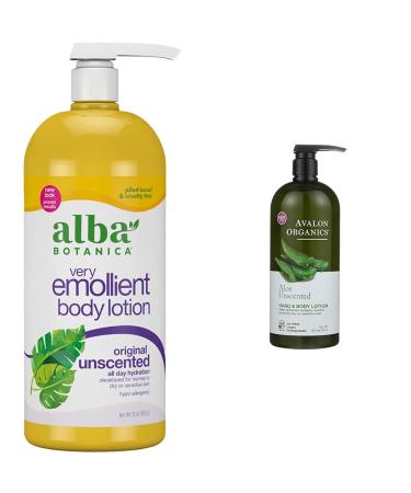 Alba Botanica Very Emollient Body Lotion Unscented Original 32 Oz & Avalon Organics Hand & Body Lotion Aloe Unscented 32 Oz