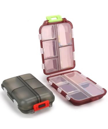 2PCS Travel Pill Organizer Box, Portable Pill Case, Pill Box Dispenser, with 10 Compartments for Different Medicines Grey+dark Red