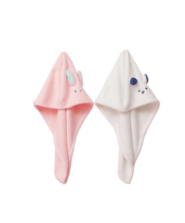 Microfiber Hair Towel White and Pink Quick Dry Swim Cap Hair Turban Towel Absorbent with Button 2 Pack