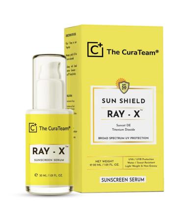 The CuraTeam RAY-X Sunscreen Serum SPF 50 PA+++ with Suncat DE Broad Spectrum | UV A UV B | Blue Light Protection | Titanium Dioxide for Sun burn Sun Damage by Harmful Rays | Glowing Skin | 30ml - Buy Online on GoSupps.com