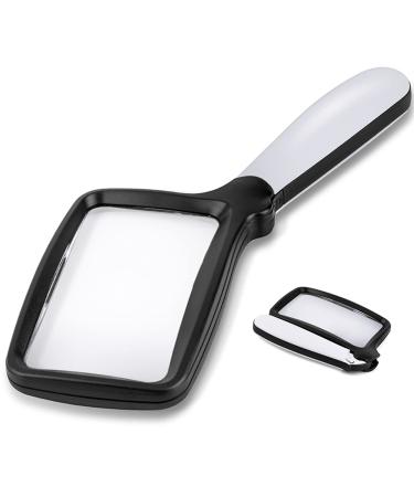 Folding Handheld Magnifying Glass with Light, 3X Large Rectangle Reading Magnifier with Dimmable LED for Seniors with Macular Degeneration, Newspaper, Books, Small Print, Lighted Gift for Low Visions Black and White