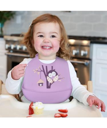 Vicloon Silicone Baby Bib 2PCS - Waterproof Adjustable Bibs for Infant Toddler with Food Catcher Pocket - Owl & Swan Pink-Purple - Buy Online on GoSupps.com