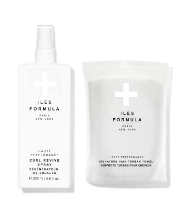 ILES FORMULA Haute Performance Curl Revive Spray & Fast Absorbing Microfiber Hair Turban Towel Set - Anti-Frizz & Anti Humidity Spray - Defines Adds Texture Style Curly or Wavy Hair - 200ML