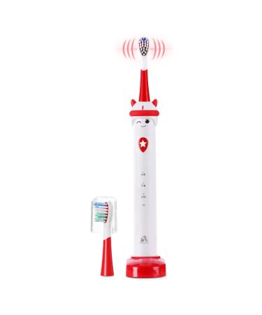 Kids Electric Toothbrush for Ages 3-12, Wireless Fast Charge & Long Battery Rechargeable Soft Electric Toothbrushes with Smart Timer 3 Modes & 2 Kids Size Brush Heads, Red Toothbrush Red-white