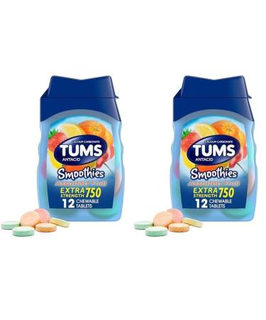 TUMS Smoothies Extra Strength Antacid Chewable Tablets for Heartburn Relief Assorted Fruit - 12 Count (Pack of 2)