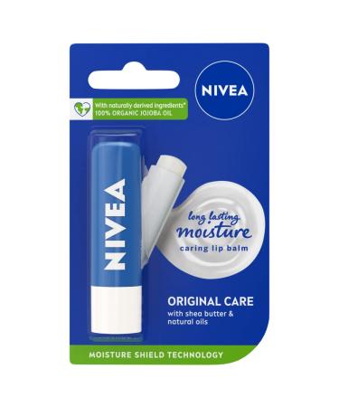 NIVEA Lip Balm Original Care (4.8g) Protective Lip Moisturiser with Shea Butter and Natural Oils Caring Lip Balm for 24h Moisture Care Melt-In Lip Care Original 1 count (Pack of 1)