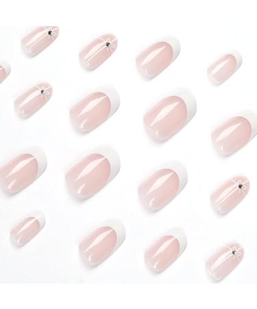 Justotry 24 Pcs Beige Almond Short False Nails French Press on Nails - White Striped Pattern Fake Nails with Nail Glue for Women - Buy Online on GoSupps.com