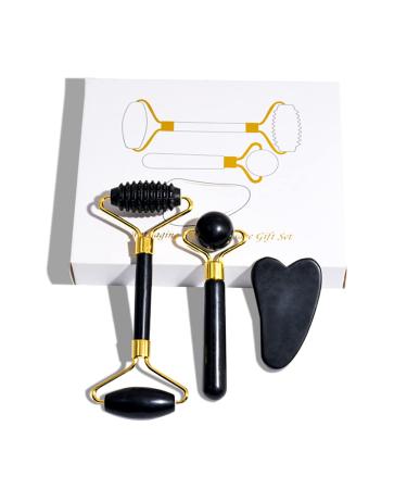 NuAngela Jade Roller 100% Real Jade Gua Sha Tool  Facial Eyes Treatment Pens And Rollers  Face Body Massage Board  Anti Aging Skin Care Tools For Women and Men  Beauty Ice Massager For Muscle  Neck  Arm (Massage Set Blac...