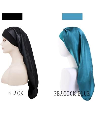 Ladaypoa Long Satin Sleeping Cap - 2 Large Women s Satin Sleep Hats for Long Braids | Extra Large with Wide Elastic Ribbon | Soft & Convenient Black & Peacock Blue - Buy Online on GoSupps.com