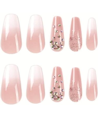 Justotry 24 Pcs Milky French Diamond False Nails - Glossy Pink Ballerina Press on Nails for Women Acrylic Coffin Medium - Nail Art with Glue Included - Buy Online on GoSupps.com