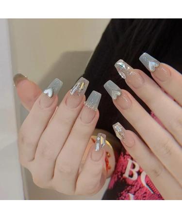 24Pcs/Set Press On Nails Long Style Diamond Heart Diamond Dhain False Nails Acrylic Fake Nails Full Cover Nails Tips Artificial Finger Manicure Press on nails for Women and Girls - Buy Online on GoSupps.com