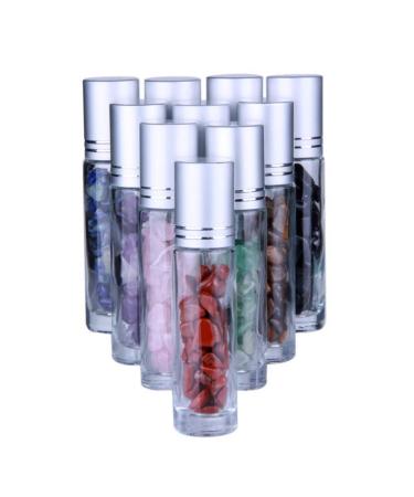 Natural Gemstone Essential Oil Roller Bottles - 10ml Clear Glass Roll-ons with Healing Crystal Roller Balls & Chips - 10pcs Set - Buy Online on GoSupps.com