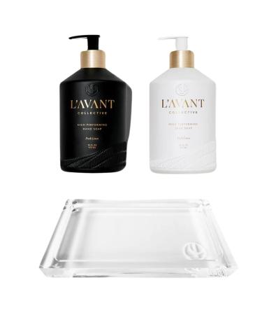 L'AVANT Collective Deluxe Dish & Hand Soap Duo & Elegant Lucite Tray - High Performing Fresh Linen Scent Luxurious Glass Bottles with Plant-Based Formulas Kitchen Essentials Hostess Gifts