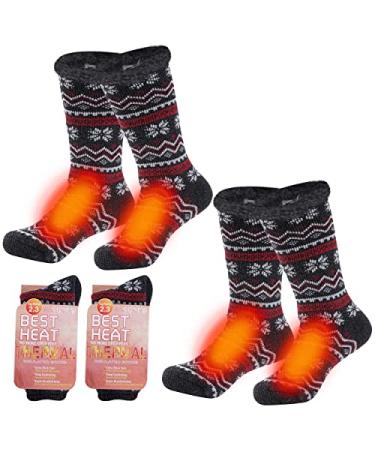 Sunew Warm Thermal Socks Women Men Winter Insulate Heat Thick Heavy Crew Socks 2 Pack Snowflake Preppy Wave Stripes Black Socks Medium