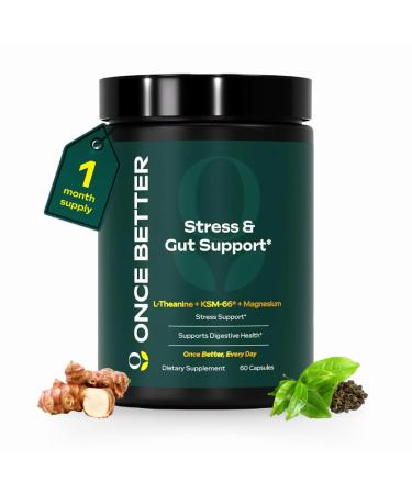 Once Better Stress & Gut Support Supplement Ashwagandha KSM-66 L-Theanine Magnesium Glycinate Probiotics & Inulin for Digestive Health & Stress Relief 60 Capsules - Men & Women