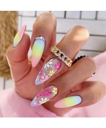 Spactz Diamond French Wearable Nails Wearable Press on Nails Rainbow Small Flower Sticker False Nail Tips - Buy Online on GoSupps.com