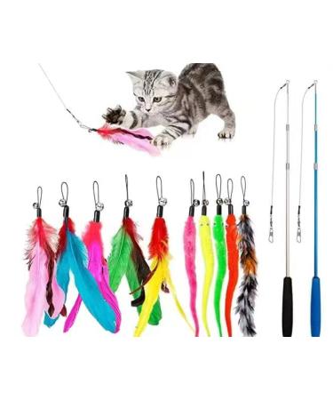 JIARON Cat Toys Feather Toy, 2PCS Retractable Cat Wand Toys and 10PCS Replacement Teaser with Bell Refills, Interactive Catcher Teaser and Funny Exercise for Kitten or Cats.