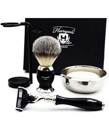 4 Pc Men's Shaving Kit - 3 Edge Razor Synthetic Badger Hair Brush Bowl & Stand | Perfect Gift for Men - Buy Online on GoSupps.com