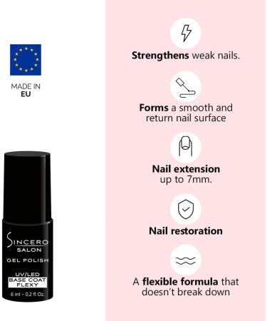 Sincero Salon - Gel Nail Polish Base Coat Flexy 6 ml - Extra Strong Nail Strengthener For Damaged Nails - Gel Base Coat - Nail Varnish - Gel Polish Nail Art - Nail Gel Polish - LED UV Gel Nail Polish - Buy Online on GoSupps.com