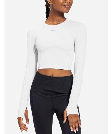 BALEAF Women's Long Sleeve Crop Workout Shirt - White | Slim Fit Top for Gym, Yoga, Running - Medium - Buy Online on GoSupps.com