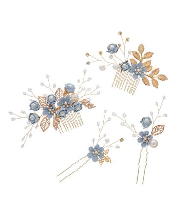 4 Pieces Gold Wedding Hair Comb Pearl Bridal Hair Accessories Rhinestone Bridal Jewelry Comb Hair Clip for the Bride Bridesmaid - Blue - Buy Online on GoSupps.com