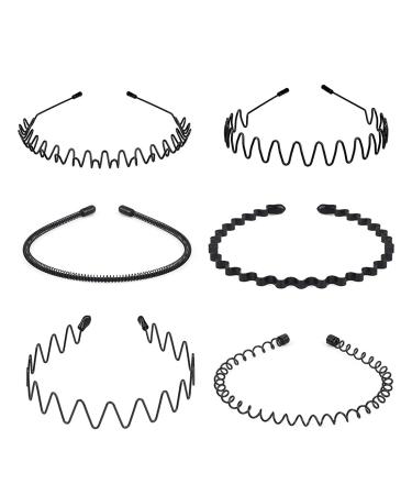6 Pieces Metal Headbands Wavy Hairband Spring Hair Hoop Sports Fashion Hair Bands Unisex Black Elastic Non Slip Simple Headwear Accessories Small (6 Count)