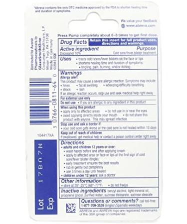 Abreva Pump Cold Sore Treatment 0.07 oz (2 g) - Fast Relief for Fever Blisters - Buy Online on GoSupps.com