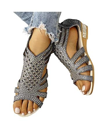 ENVEZ Summer Sandals for Women Bohemian Crystal Back Zipper Wedge Sandals Breathable Open Toe Walking Shoes Casual Beach Shoe Black 9