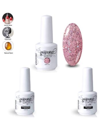 Vishine Gelpolish Manicure Salon UV LED Soak Off Gel Nail Polish & Base Coat Top Coat Set Glitter Pink(1353)