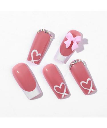 French Tip Press on Nails with Charms - Medium Long Square Acrylic Nails | Cute Bow & Rhinestones for Women - Daily Wear Perfect French Nails - Buy Online on GoSupps.com