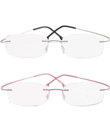 VISENG Rimless Titanium Reading Glasses 2 Pairs +1.25 Diopters for Men and Women - Ultra Light Design (Silver/Pink) - 2 Pack - Buy Online on GoSupps.com