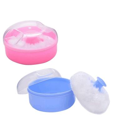 2 Pcs Pink and Blue Plastic Baby Care After-Bath Powder Puff with Portable Talcum Powder Holder Box Empty Makeup Container Prickly Heat Powder Applicator Flutter for Baby Skin Care