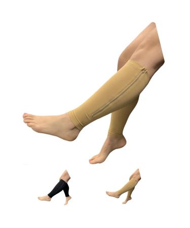 Seniors Care Footless 15-20 mmHg Compression Shin Calf Leg Men Women 1 Pair Zipper Sleeves (Nude Small-Medium) Small-Medium Nude