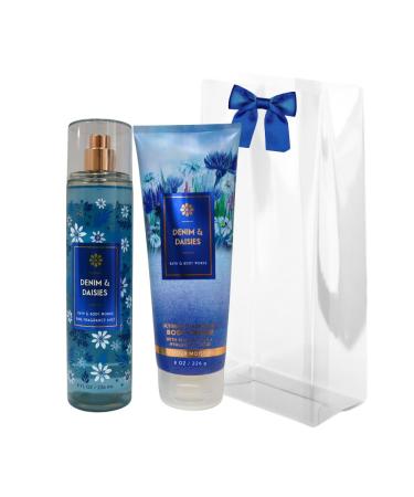 Bath & Body Works DENIM & DAISIES Mist & Body Cream 2-piece Gift Set with a Blue Bow for Holidays & Gifts